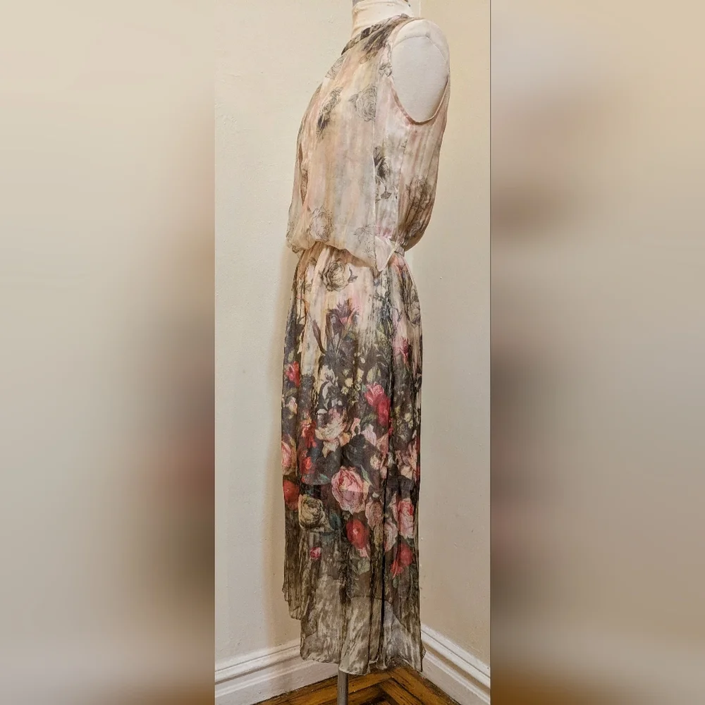 Queen Mulock Floral Silk Midi Rose Print Dress - Size S - Picture 8 of 14